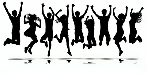 Silhouettes of a team of young people jumping together. Black and white