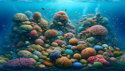 Naklejka premium Vibrant Coral Reef Ecosystem: Colorful Marine Habitat Rich in Biodiversity Under Clear Waters