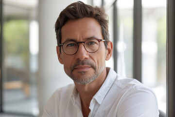 Obraz premium Close-up Portrait of an adult man wearing a shirt. Smiling businessman wearing glasses smiling at camera thinking businessman wearing glasses dark and warm