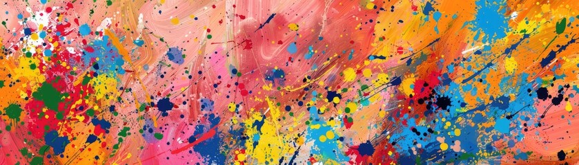 An abstract expressionist painting with random splatters and dribbles of multicolored paint, creating a lively and chaotic visual, 2d illustration