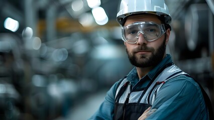 Factory worker in safety gear standing ready to work in industrial setting. Concept Safety Gear, Factory Worker, Industrial Setting, Ready to Work