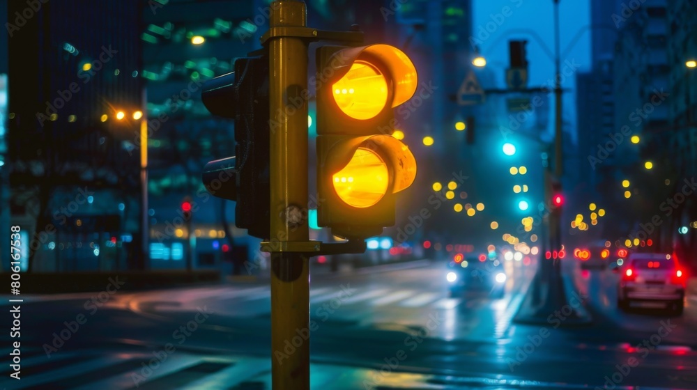 Poster a yellow traffic light glowing, warning drivers to slow down and prepare to stop as they approach an