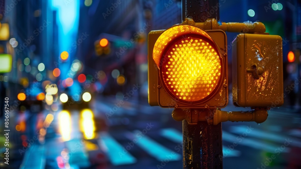 Poster a yellow traffic light glowing, warning drivers to slow down and prepare to stop as they approach an
