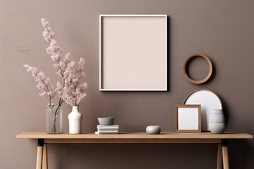 Mock up frame in home interior with table furniture, Scandi-boho style.