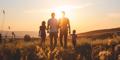 A family holding hands stands in silhouette against a stunning golden sunset, exuding togetherness - Powered by Adobe