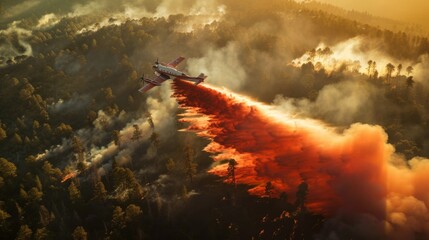 An aerial firefighting tanker dropping retardant on a forest fire, deploying strategic aerial suppression tactics to contain the blaze.