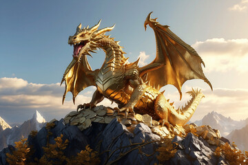 Illustration of a golden dragon on a mountain