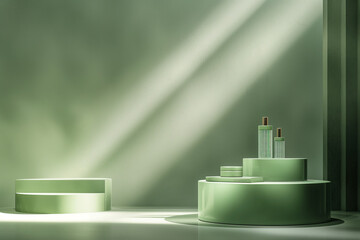 green stage wuth sunlight, At the heart of the composition, a sleek green podium rises from the floor, its smooth surface and clean lines exuding a sense of modernity and sophistication