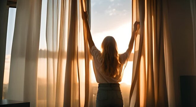 Woman opening the curtains in the morning.