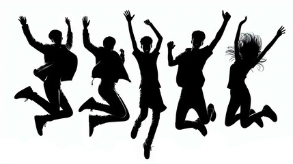 Silhouettes of a team of young people jumping together. Black and white