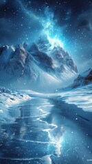 A digital art vision of an ice world where auroras dance on the surface of frozen oceans, in a serene, captivating style