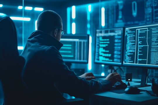 A focused programmer coding on multiple computer screens in a dark futuristic tech environment