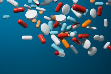various pharmaceutical pills and capsules with a dynamic sense of motion