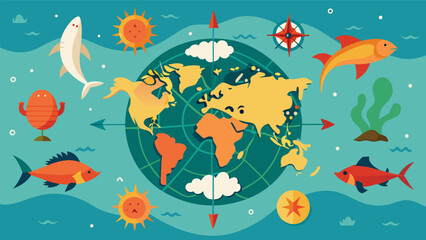 Fototapeta premium A vintage map of the world complete with cardinal directions and colorful illustrations of sea creatures.. Vector illustration
