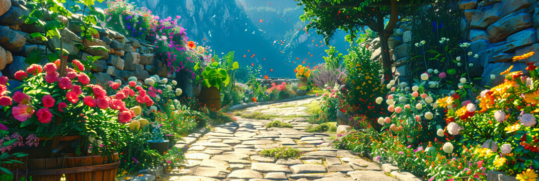 Sunlit Path Through a Lush Garden, Colorful Flowers and Shrubs Lining the Way, Tranquil Outdoor Setting