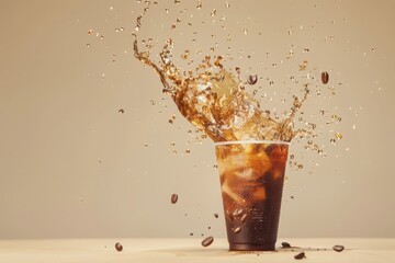 A plastic cup of iced coffee flying in the air. coffee splashing in the minimalist background.