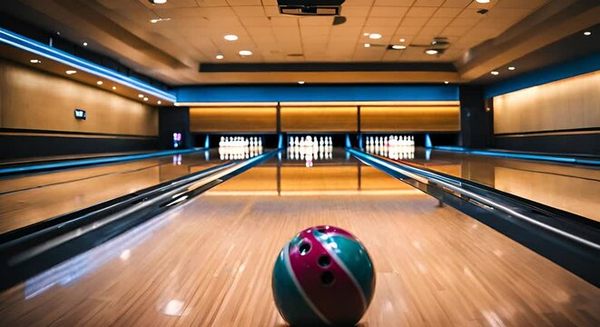 Bowling in a bowling alley.
