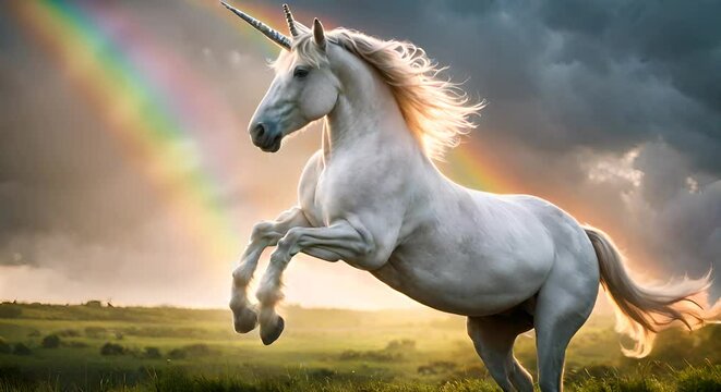 Unicorn with rainbow in the background.