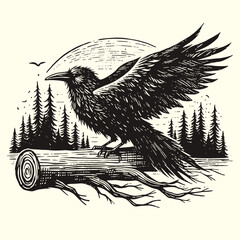 Obraz premium raven in the forest vintage sketch
