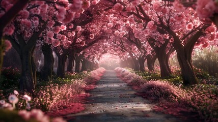  A canopy of cherry blossom trees forming a pink archway over a path. . 

