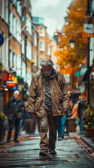 Fototapeta na wymiar An older adult man walks alone with a sad face through the city