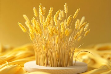 Closeup photo of bunch of wheat stalks on wooden surface, golden color and full, healthy heads