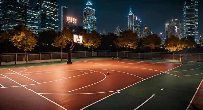 Basketball court at night.