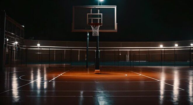 Basketball court at night.