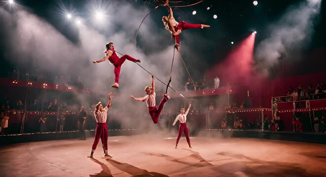 Acrobats and jugglers in a circus.