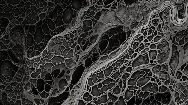A black and white image of a highly detailed organic structure, resembling a cross-section of a brain or other biological tissue.