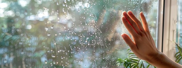 girl's hand draws on the window selective focus