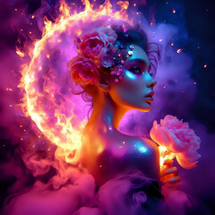 A beautiful magical lady shrouded in mist. A crescent moon is shining nearby. Mystical mysterious digital photo for a fabulous photo shoot