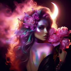 A beautiful magical lady shrouded in mist. A crescent moon is shining nearby. Mystical mysterious digital photo for a fabulous photo shoot