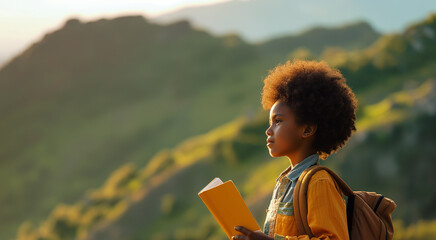 Black boy holding a book outdoors at sunset Ideas for creating, developing and outdoor leisure activities for modern children.