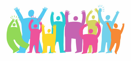 Vector illustration of a group of cheerful, colorful people, hand-drawn in the style of doodle and minimalism.