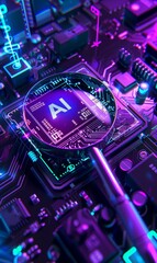 magnifying glass over dedicated AI microchip on electric circuit board, artificial intelligence and GPU cloud computing concept, technology and research