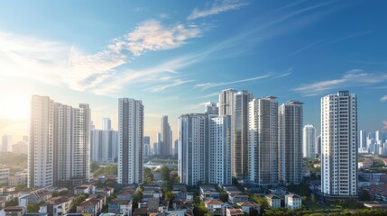 Obraz premium An urban panorama showcasing a cluster of high-rise buildings standing tall against the backdrop of a clear blue sky, symbolizing progress and ambition.