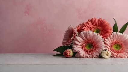 Cute pink background with gerberas and fresh carnation