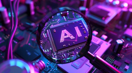 magnifying glass over dedicated AI microchip on electric circuit board, artificial intelligence and GPU cloud computing concept, technology and research