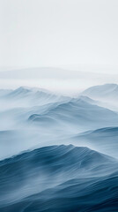 A tranquil and elegant ascent of misty blue and pale gray waves, rising serenely, evoking the quiet calm of a foggy morning.