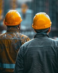 Detailed construction site with two engineers, yellow hard hat.