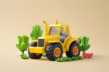 3D Illustration of Yellow Tractor in Field with Trees and Grass