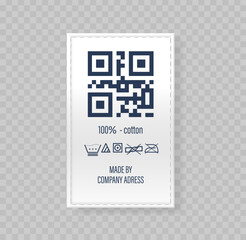 White Clothing Label Featuring A Qr Code, Text 100 Cotton, Care Instructions Icons, And Manufacturer Information