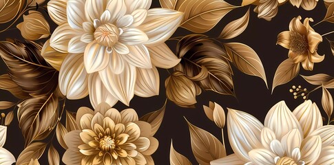 Vintage luxury seamless floral background with golden dahlias and amaryllis flowers. Romantic pattern template for wall decoration - obrazy, fototapety, plakaty
