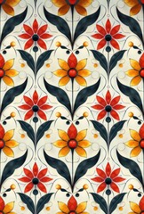 A colorful floral pattern with red, yellow, and blue flowers