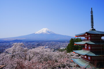 Mt. Fuji with Cherry Blossom and or Pink Sakura Flower and Five-story Pagoda over Blue Sky in...
