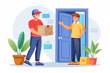 Courier gives box to customer.delivery services. Flat vector illustration.