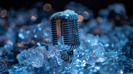 Vintage Microphone Surrounded by Ice - Concept of Cool Sound, Music Production, and Broadcast in Cold Setting