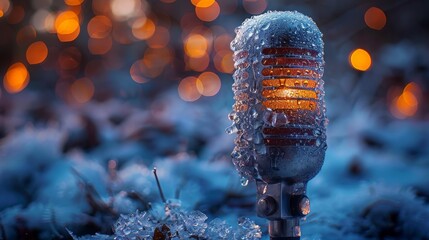 Frost-Covered Microphone Against Twilight Bokeh - Concept of Melancholic Tunes, Evening Melodies, and Nighttime Broadcast
