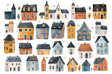 Fototapeta premium Set of house cartoon watercolor style